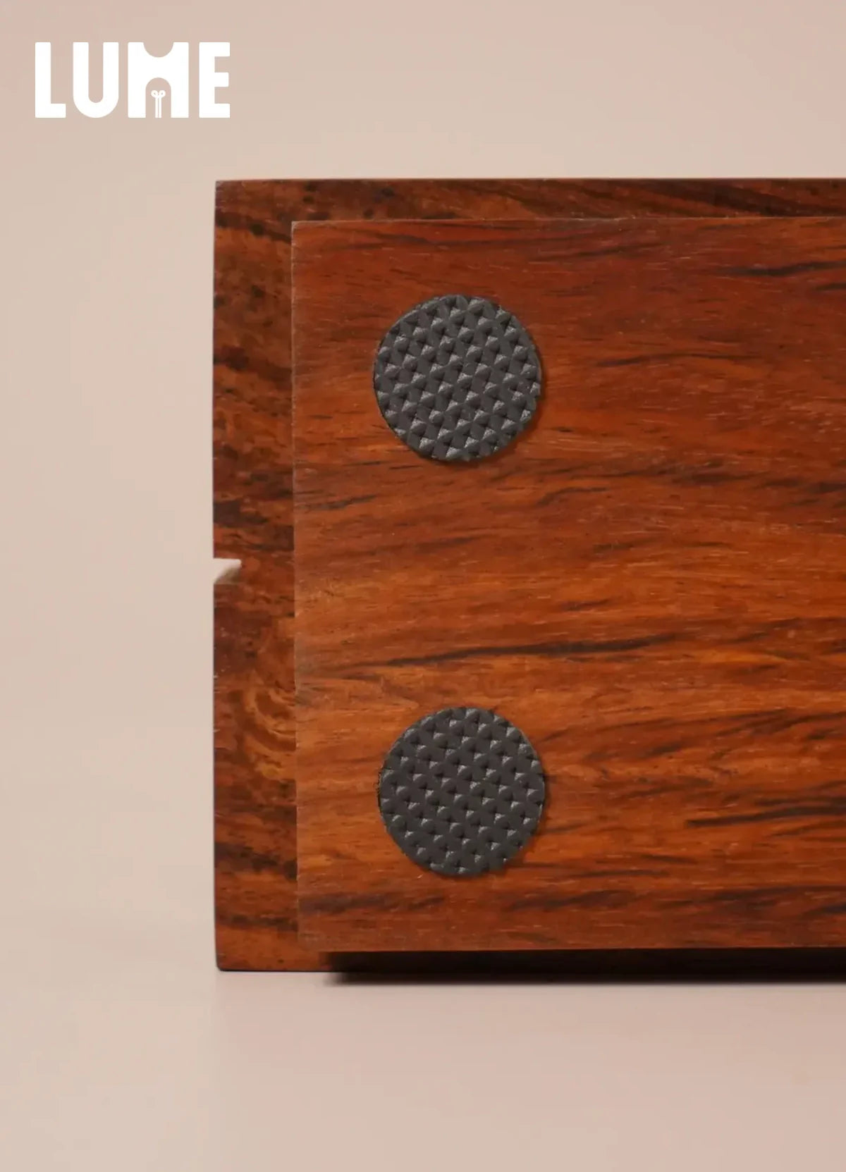LUME solid wood table lamp detail showing rich Indian Rosewood grain and natural wood polish finish