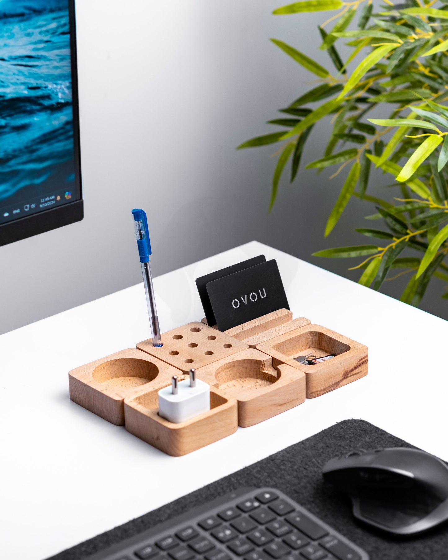 6 in 1 Wooden block organising Desk Setup