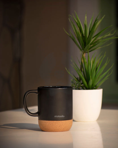 Stotodo Corg Cup Ceramic Mug Black 360 ml with Cork Coaster Base and Lid Aesthetic Cup
