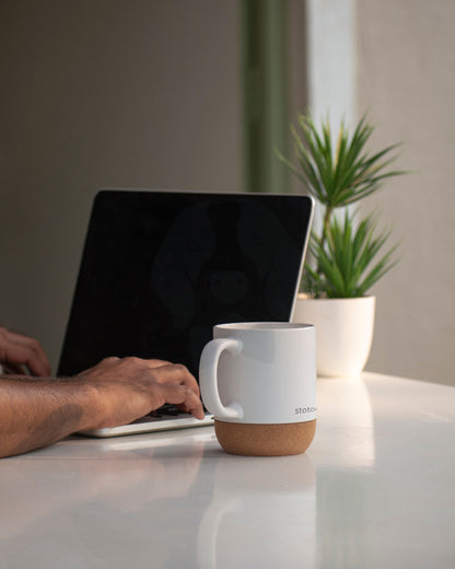 Stotodo Corg Cup Ceramic Mug White 360 ml with Cork Coaster Base and Lid to Drink in Office