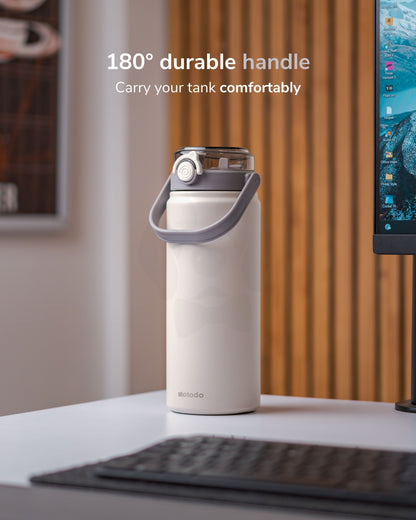 Stotodo Tank Dual Sipper Flask - White 1.2L Bottle with 180 Degree Rotatable and Detachable Handle