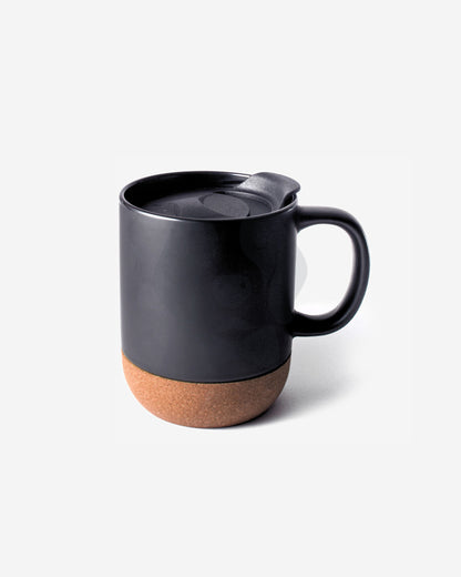 Stotodo Corg Cup Ceramic Mug Black 360 ml with Cork Coaster Base and Lid