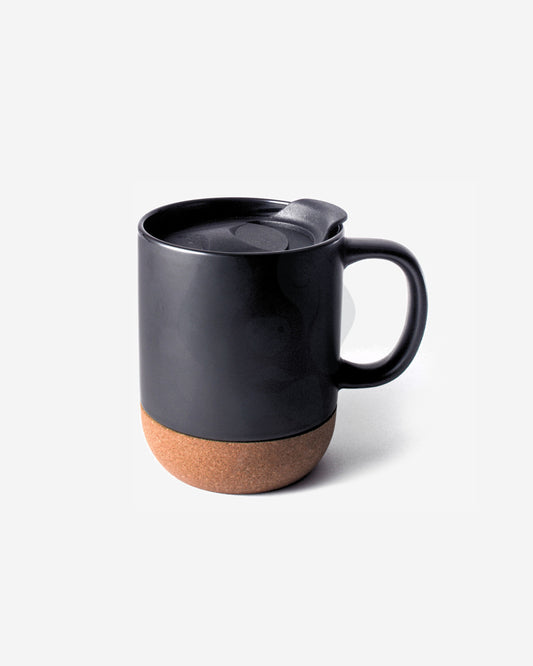 Stotodo Corg Cup Ceramic Mug Black 360 ml with Cork Coaster Base and Lid