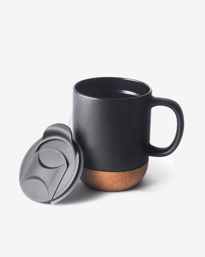 Stotodo Corg Cup Ceramic Mug Black 360 ml with Cork Coaster Base and Lid