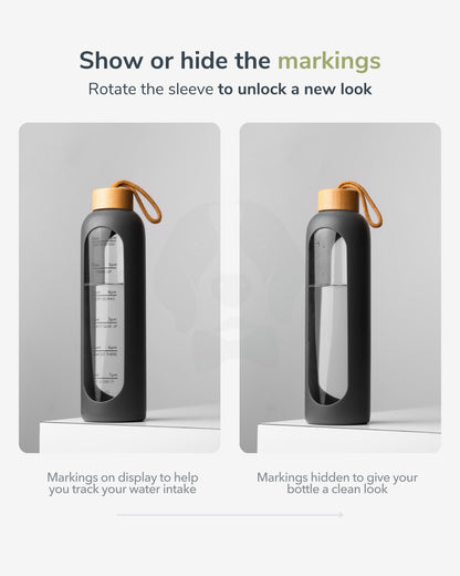 Stotodo Pillar Portable Glass Bottle Grey with Bamboo Lid which can Hide or Show Markings to Track Water Level