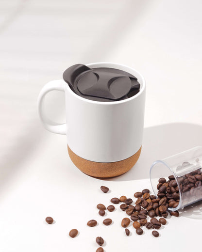 Stotodo Corg Cup Ceramic Mug White 360 ml with Cork Coaster Base and Lid to Drink Coffee