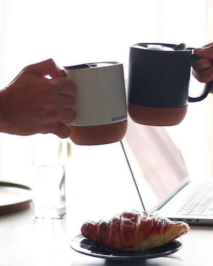 Stotodo Corg Cup Ceramic Mug White and Black 360 ml with Cork Coaster Base and Lid to Drink Beverage with Breakfast