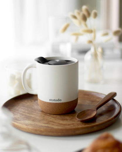 Stotodo Corg Cup Ceramic Mug White 360 ml with Cork Coaster Base and Lid with a spoon and saucer