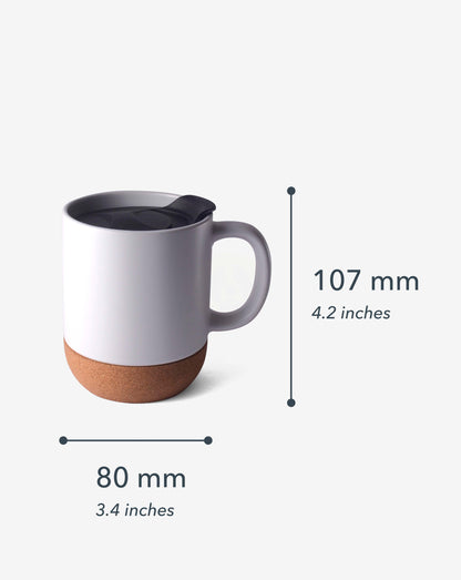 Stotodo Corg Cup Ceramic Mug White 360 ml with Cork Coaster Base and Lid Dimensions