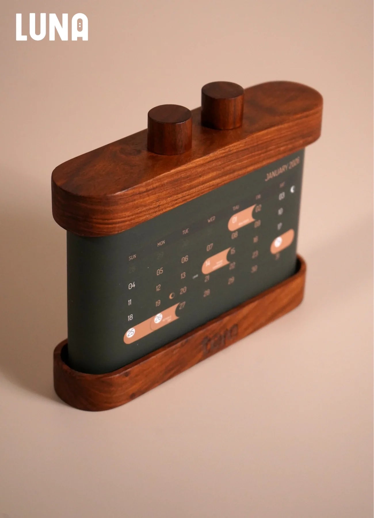 LUNA 2026 solid wood rotating desk calendar close-up of paper scroll and rotating wooden knob