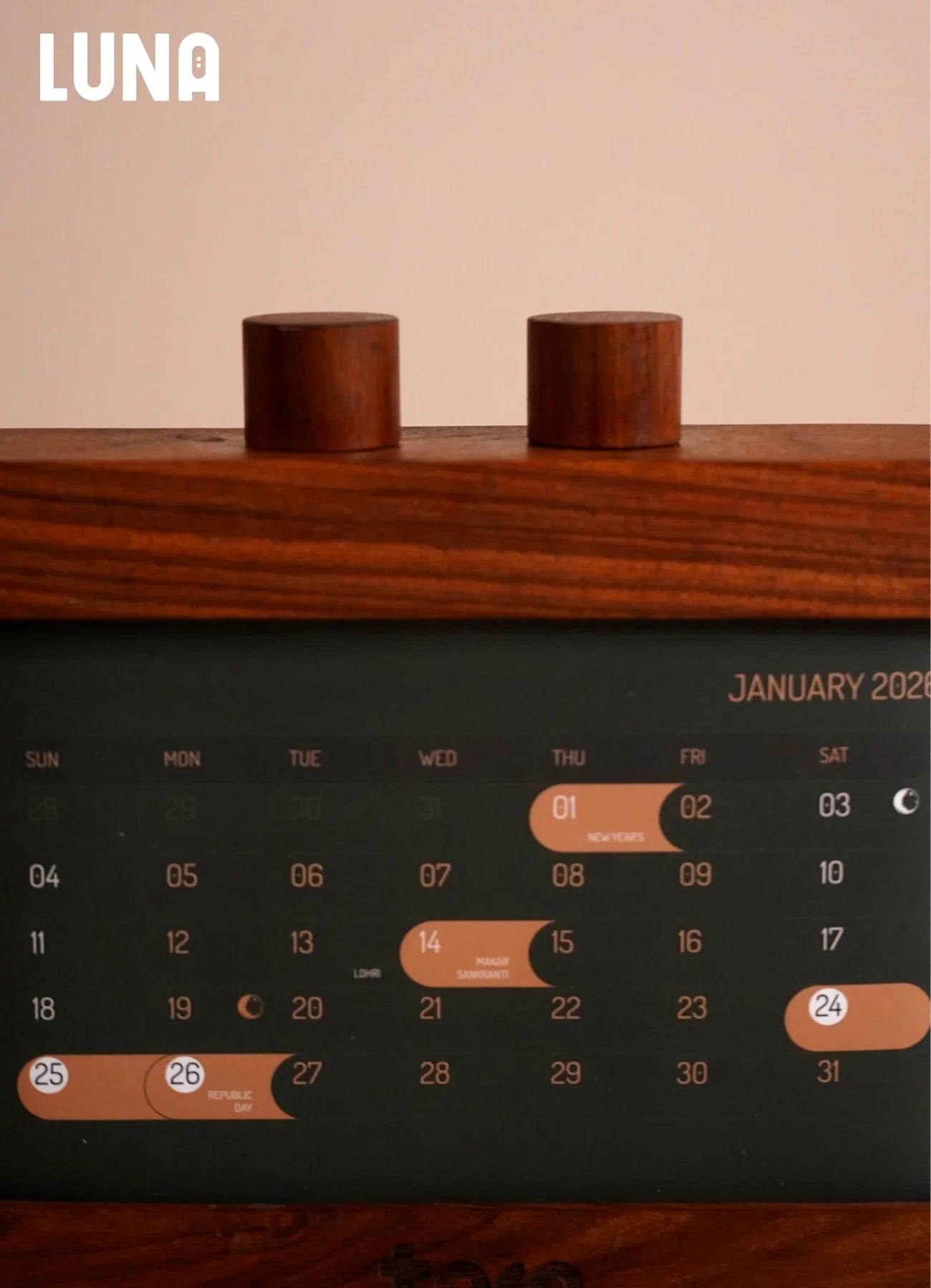 LUNA 2026 solid wood desk calendar side view showing Sheesham wood frame and smooth paper roll